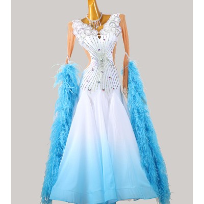 Custom size Turquoise blue with white gradient competition feather ballroom dancing dresses for women girls waltz tango foxtrot smooth dance long skirt for female
