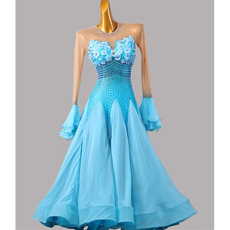 Custom size turquoise petals competition ballroom dancing dresses for women girls flare sleeves waltz tango foxtrot smooth dance long gown for female
