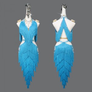 Custom size turquoise tassels competition latin dance dresses for women girls salsa rumba cha cha performancefringed bling costumes for female