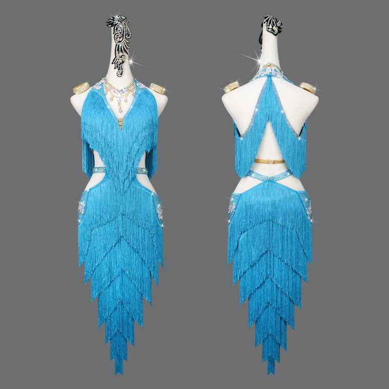 Custom size turquoise tassels competition latin dance dresses for women girls salsa rumba cha cha performancefringed bling costumes for female Custom size turquoise tassels competition latin dance dresses for women girls salsa rumba cha cha performancefringed bling costumes for female