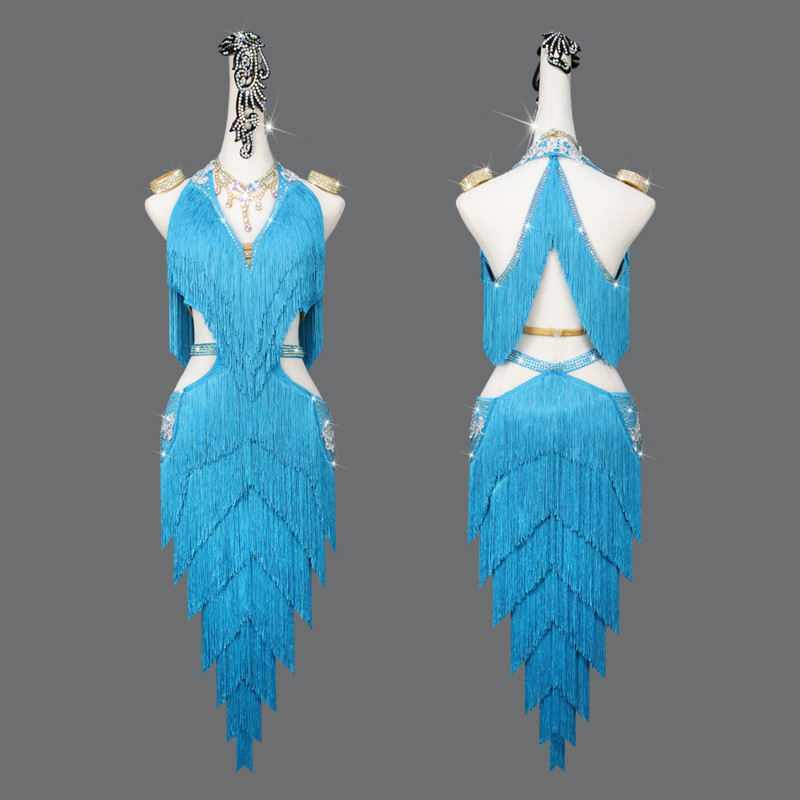 Custom size turquoise tassels competition latin dance dresses for women girls salsa rumba cha cha performancefringed bling costumes for female