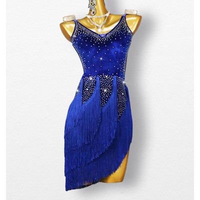 Custom size velvet royal blue fringe competition latin dance dresses for women girls salsa chacha rumba ballroom dance costumes for female