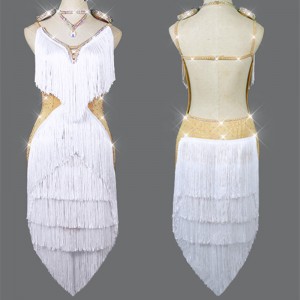 Custom size White Latin dance competition dress for women kids professional  rhinestones performing dance tassels dress