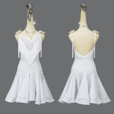 Custom size white rhinestones competition tassels latin dance dresses for women girls salsa rumba chacha performance costumes for female