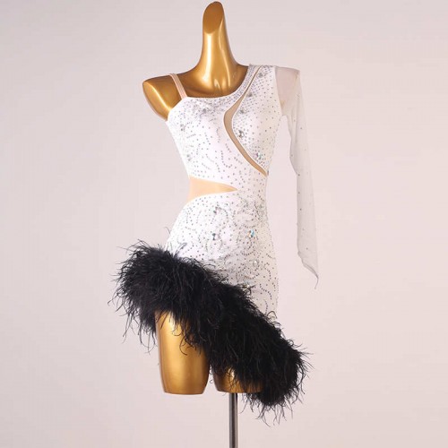 Custom size White with black feather one shoulder competition Latin Dance Dresses for Women Girls Preteen Stage Performance Salsa Ballroom Dancing Outfits