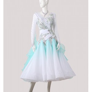 Custom size white with blue competition ballroom dance dress with gemstones for women girls waltz tango foxtrot smooth dance long gown for female