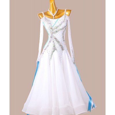 Custom size white with blue competition ballroom dancing dresses for women girls waltz tango foxtrot smooth dance long gown for female