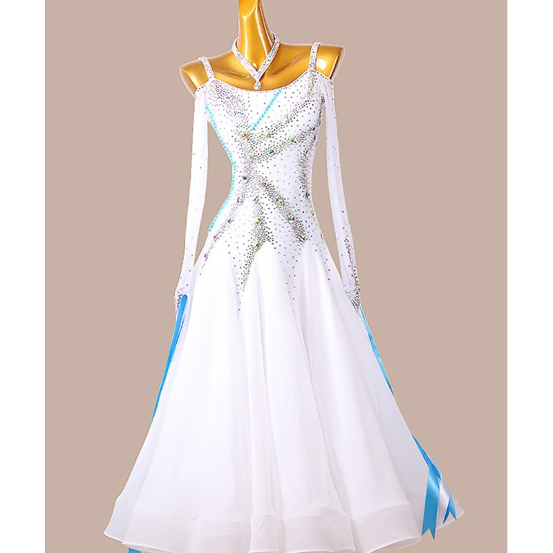 Custom size white with blue competition ballroom dancing dresses for women girls waltz tango foxtrot smooth dance long gown for female
