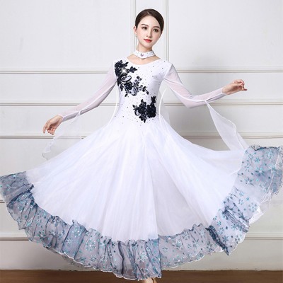 Custom size White with blue flowers Ballroom Dancing Dresses for Women Young Girls Waltz Tango Foxtrot Smooth Dance Long Skirts Dress For Female