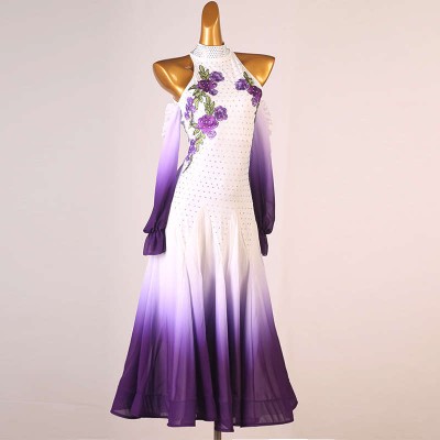 Custom size white with purple gradient competition embroidered flowers ballroom dance dresses for women girls flamenco foxtrot smooth tangao waltz dance long dresses