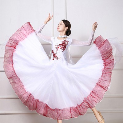 Custom Size White with wine flowers colored Ballroom Dancing Dresses for women girls Waltz Tango Foxtrot Smooth Dancing Long Skirts 