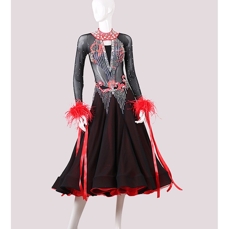 Custom size women girls competition diamond black with red ballroom dance dress for women feather waltz tango foxtrot smooth dance dress for lady