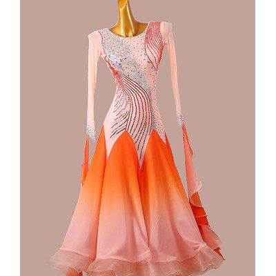 Custom size women girls pink with orange gradient competition ballroom dancing dresses with stones waltz tango foxtrot smooth dance long skirts for female