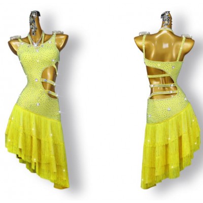 Custom size women girls yellow rhinestones competition fringe latin dance dresses tassels ballroom salsa chacha dance costumes for female