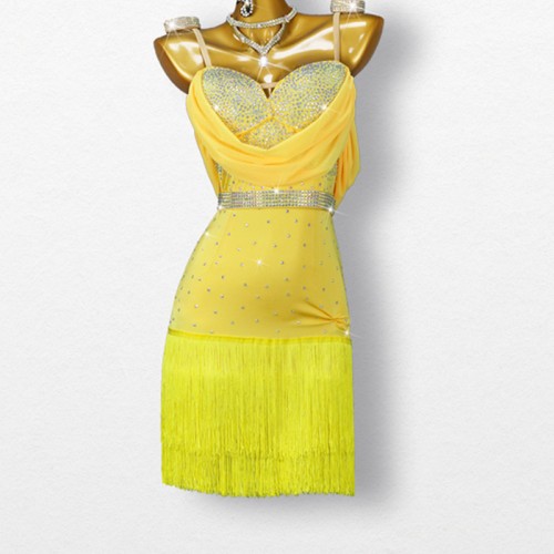 Custom size yellow color competition fringe latin dance dresses for kids girls women rhinestones salsa ballroom dance costumes for female