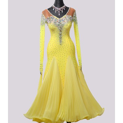 Custom size yellow competition ballroom dance dress for women girls kids with gemstones professional standard tango foxtrot smooth dance long gown for female