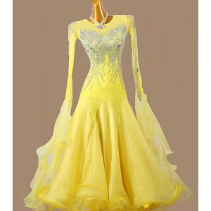 Custom size yellow competition ballroom Dance dresses with gemstones for women girls bling waltz tango foxtrot smooth dance long skirts gown for female