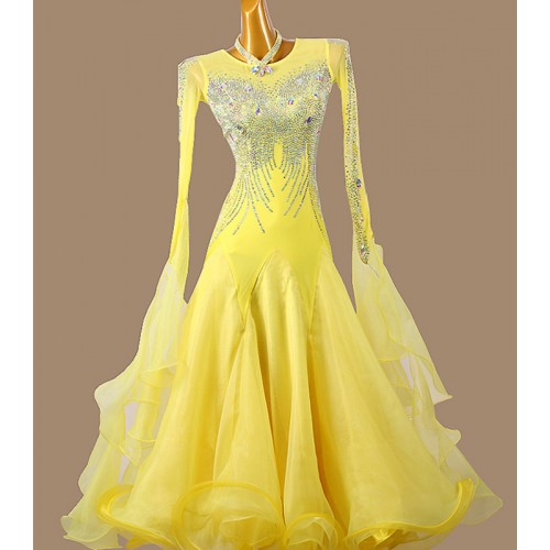 Custom size yellow competition ballroom Dance dresses with gemstones for women girls bling waltz tango foxtrot smooth dance long skirts gown for female