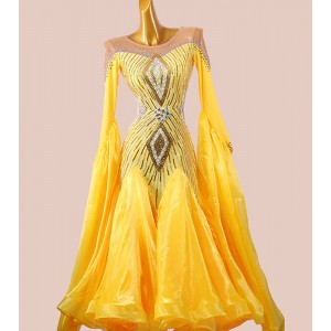 Custom size yellow competition ballroom dancing dresses for women girls kids waltz tango foxtrot smooth dance long gown ball room dresses for female