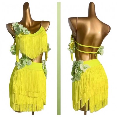 Custom size yellow fringe flowers competition latin dance dresses for girls kids adult salsa latin rumba chacha ballroom stage performance costumes