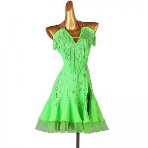 Customizable Size Neon Green Competition Latin Dance Dresses for Women girls halter neck backless rhinestones bling professional latin dance outfits