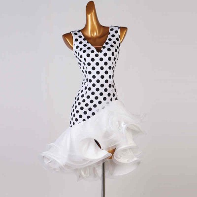 Customizable size white with black polka dot latin dance dresses for women girls stage performance salsa rumba chacha dance dress ruffles skirts latin dance clothing 