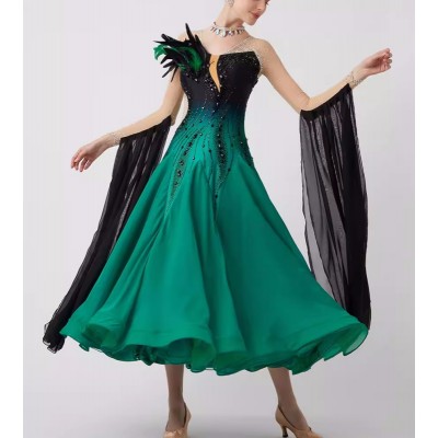 Customized dark green gradient rhinestones competition ballroom dance dresses for women girls senior waltz tango foxtrot smooth dance long gown