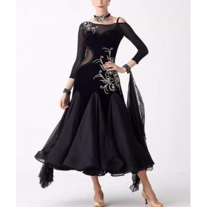 Customized size black velvet competition ballroom dance dresses for women girls bling gemstones tango foxtrot senior waltz rhythm dancing long gown