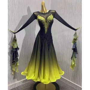 Customized size black with gold yellow gemstones competition ballroom dance dresses for girls women professional waltz tango foxtrot smooth dance long gown 