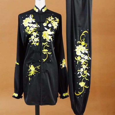 Customized size black with yellow embroidered flowers competition tai chi clothing chinese kung fu uniforms for unisex wushu tai ji quan chang quan team dancing clothes 