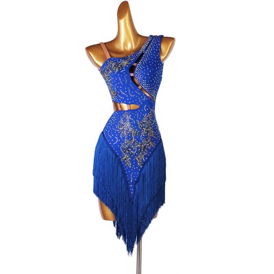 Customized size handmade competition latin dance dresses for women girls royal blue fringe rhinestones salsa rumba chacha latin dance costumes