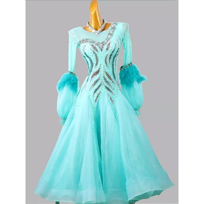 Customized size lake blue turquoise competition ballroom dance dresses for women girls adult rhinestones professional feather tango foxtrot smooth rhythm dancing long gown