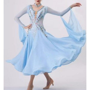 Customized size light blue competition ballroom dance dress with floats for women girls bling waltz tango rhythm senior foxtrot smooth dance long gown for lady