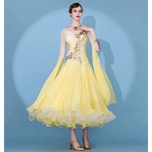Customized size light yellow competition ballroom dance dresses for women girls bling gemstones waltz tango foxtrot smooth dance long gown for female