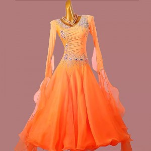Customized size orange competition ballroom dance dresses for women girls bling professional waltz tango senior foxtrot flamenco dance long gown for lady
