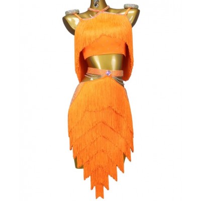 Customized size orange fringe competition latin dance dresses for women girls gemstones tassles rumba chacha samba ballroom dancing costumes for female