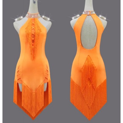 Customized size orange fringe competition latin dance dresses for women young girls halter neck professional salsa rumba cocktail party ballroom dancing skirts
