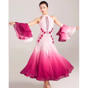 Customized size pink gradient flowers competition ballroom dance dress for women young girls gemstones bling waltz tango flamenco dancing long gown for female