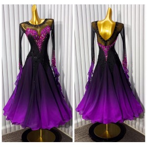 Customized size purple gradient competition ballroom dance dresses for women girls kids professional walt tango foxtrot smooth dancing long gown with gemstones for lady