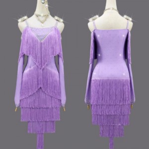 Customized size purple lavender fringe competition latin dance dresses for women girls long sleeves salsa rumba chacha ballroom dancing costumes for female