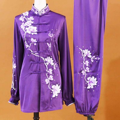 Customized size purple violet with embroidered flowers competition Chinese kung fu tai chi clothing stage performance wushu Practice uniforms for female
