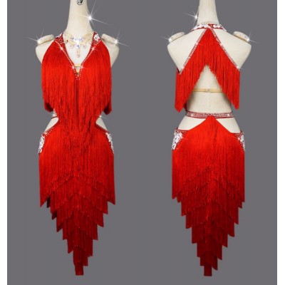 Customized size red fringe competition latin dance dresses for women girls ballroom tango tassels latin salsa rumba chacha dance costumes for female