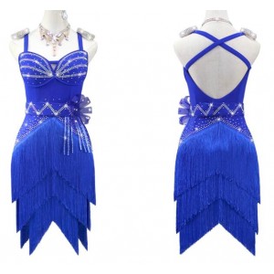 Customized size royal blue fringe competition latin dance dresses for women girls bling professional salsa rumba chacha ballroom stage performance costumes 