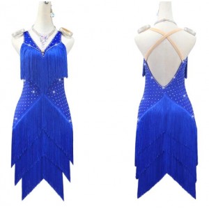 Customized size royal blue red black fringe competition latin dance dresses for women girls professional diamond salsa rumba chacha ballroom latin stage performance outfits
