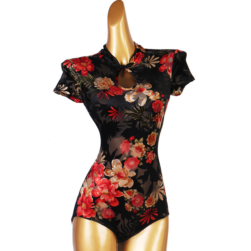 Customized size Velvet flowers ballroom Latin Dance bodysuits for women girls stage performance flamenco tango waltz dance jumpsuits tops 