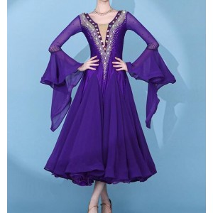 Customized size violet competition ballroom dance dresses for women girls flare sleeves professional waltz tango foxtrot smooth dance long gown for female