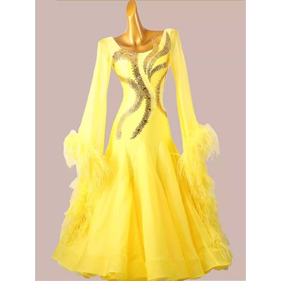 Customized size yellow feather competition ballroom dance dresses for women girls kids waltz tango foxtrot senior rhythm professional dancing long gown for female