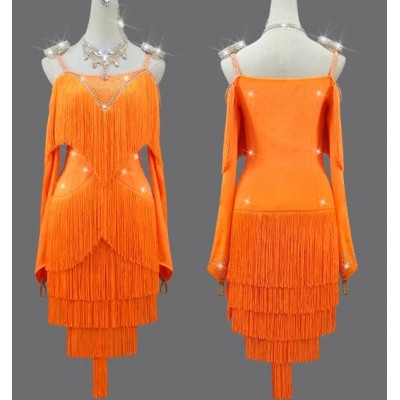 Customsized size orange fringe competition latin dance dresses for women girls salsa rumba ballroom dancing costumes for female