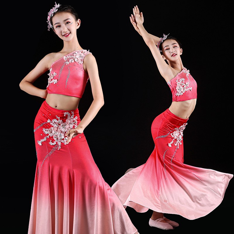 Dai Peacock dance costume for girls kids children Thailand style Red Gradient dancing skirt Xishuangbanna performance Dresses