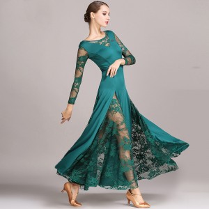 Dark green turquoise red black navy lace Ballroom dance dresses for women girls long sleeves Waltz Tango competition dance long dress for woman